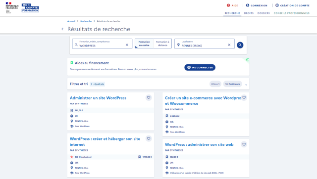 moteur de recherche des formations éligibles au CPF sur Mon Compte Formation