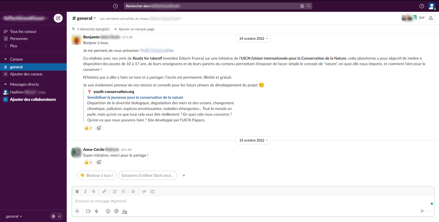 Capture d’écran du serveur Slack d’une communauté d’éducateurs-formateurs