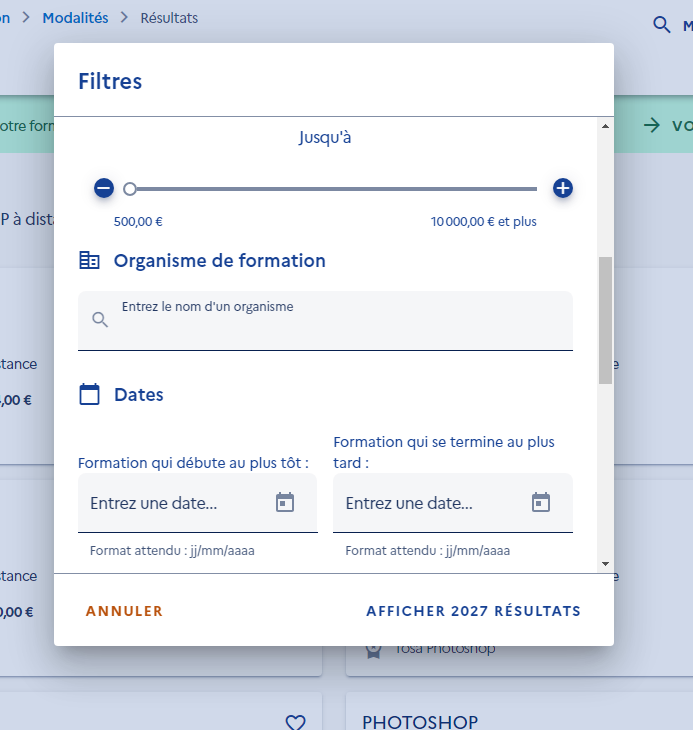 Recherche sur Mon Compte Formation : le filtre